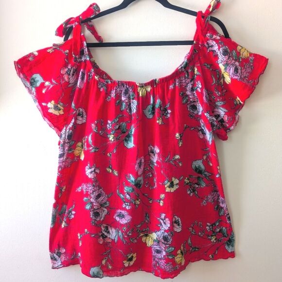 Zenobia Plus Size Linen Short Sleeve Blouse Off Shoulder Bow Red Floral 3X - Picture 2 of 9